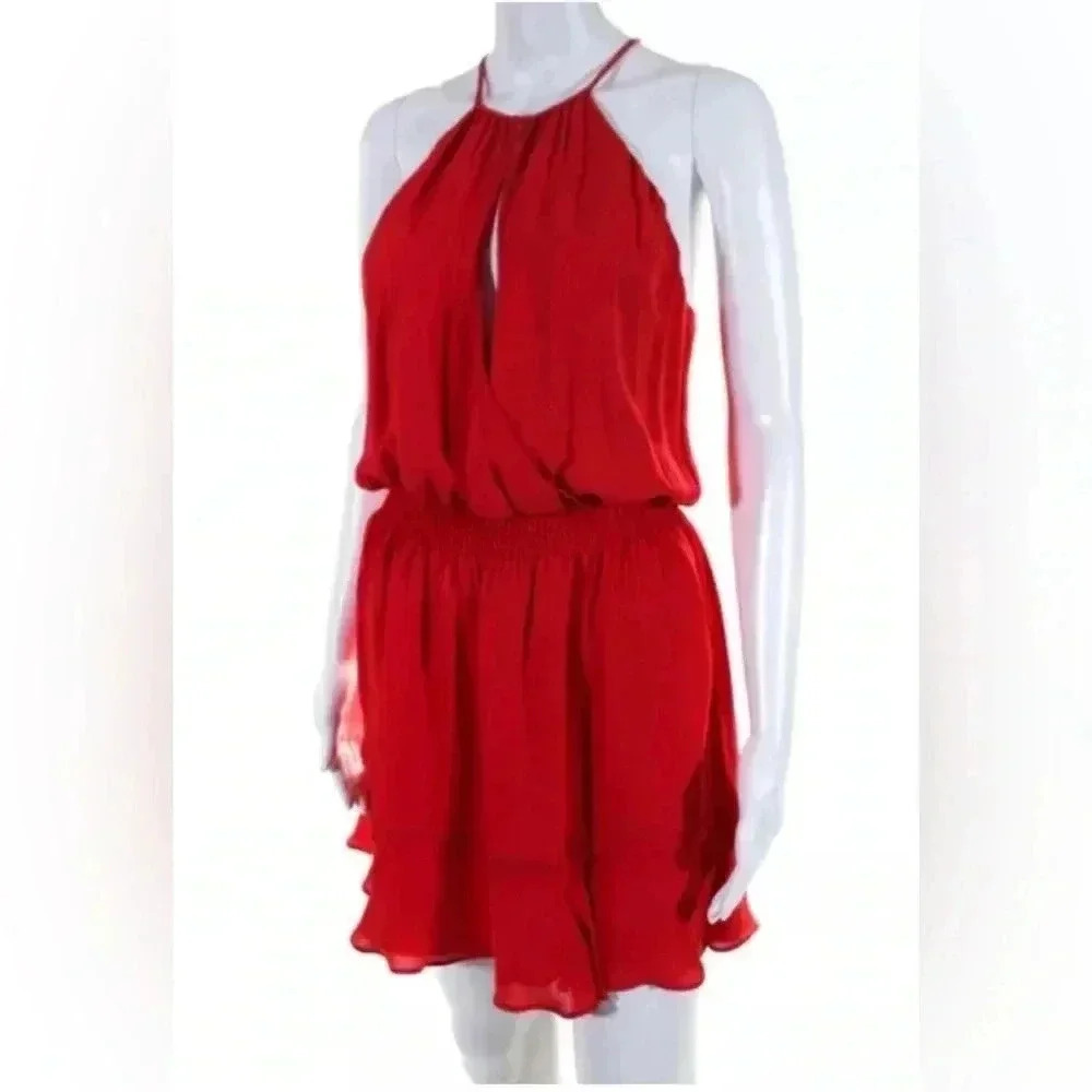 Woman PARKER red 100% Silk Sleeveless Ruffle Dress Sz XS EUC Ruched Waist Layer